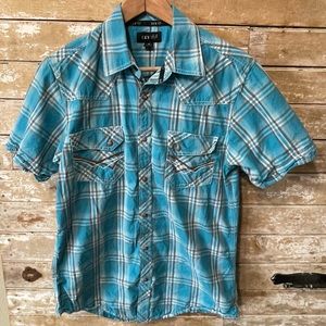 Ely 1878 Western Pearl Snap Shirt Mens Size Medium Short Sleeve Blue Plaid